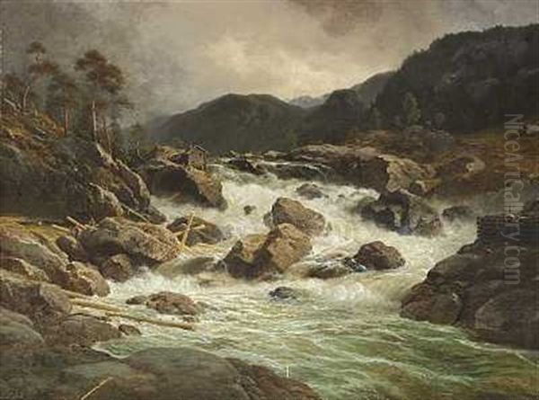 Norsk Fjeldlandskab Med Hytte Ved En Brusende Fos Oil Painting by Georg Emil Libert