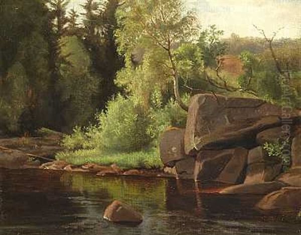 En Klippeblok Ved En So, Antagelig Fra Bornholm Oil Painting by Georg Emil Libert