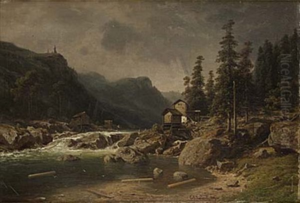 Forslandskap Med Timmerflottning Oil Painting by Georg Emil Libert