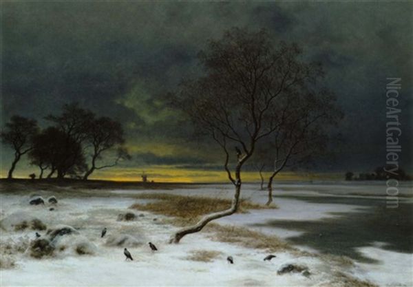 Vinterlandskab, Ved Solens Opgang. Motiv Fra Nordsjaelland Oil Painting by Georg Emil Libert