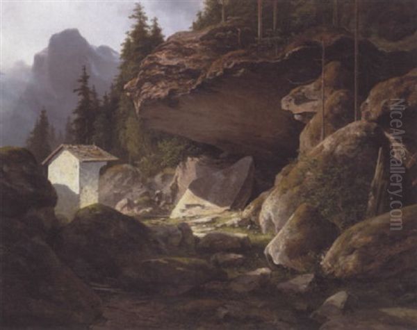 Alpelandskab Med Fremspringende Klippeparti Oil Painting by Georg Emil Libert