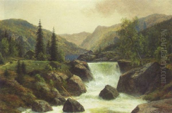 Bjerglandskab Med Fossende Elv Oil Painting by Georg Emil Libert