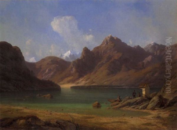 Norwegische Gebirgslandschaft Mit Bergsee, Im Vordergrund Bauern Vor Einem Gemauerten Bildstock Oil Painting by Georg Emil Libert