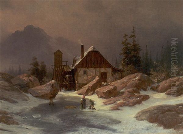 Skojtelobende Born Ved En Vandmolle I Alperne Oil Painting by Georg Emil Libert