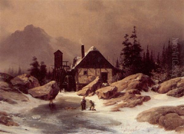 Skojtelobende Born Ved En Vandmolle I Alperne Oil Painting by Georg Emil Libert