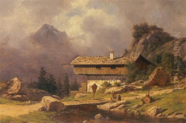 Figurer Ved En Bjerghytte I Tyrol Oil Painting by Georg Emil Libert