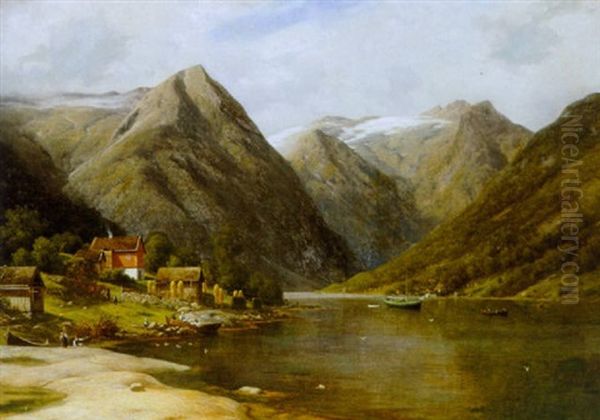 Norsk Skaergard Med Figurer Og Bygninger Oil Painting by Georg Emil Libert