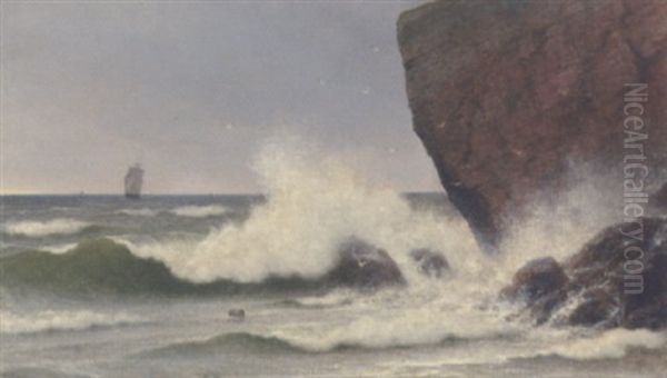 Braending Mod Klippekyst, I Baggrunden Sejlskib Pa Havet Oil Painting by Georg Emil Libert