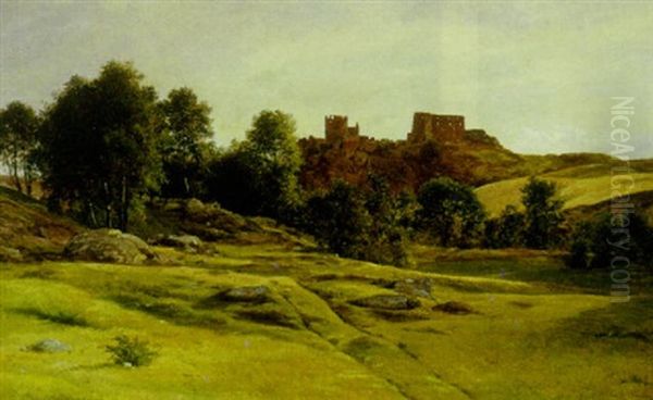 Udsigt Over Bornholmsk Landskab Med I Baggrunden Hammershus Oil Painting by Georg Emil Libert