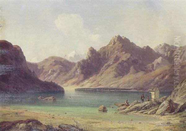 Bjergrigt Landskab Med Personer Ved Et Alter Ved Kanten Af En So Oil Painting by Georg Emil Libert