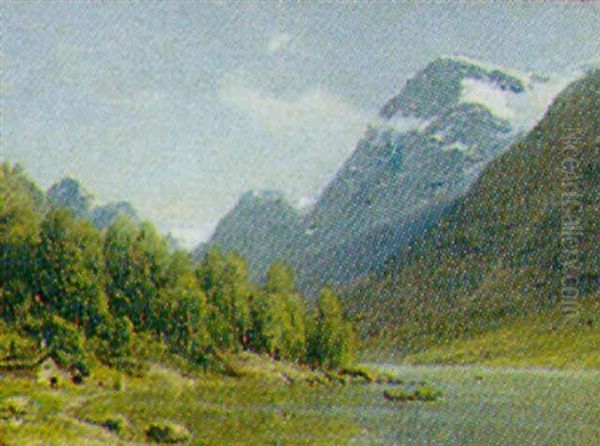 Norsk Bjerglandskab Med Flodlob Oil Painting by Georg Emil Libert