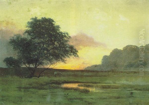 Landskap I Solnedgang, I Forgrunden Betande Far Oil Painting by Georg Emil Libert