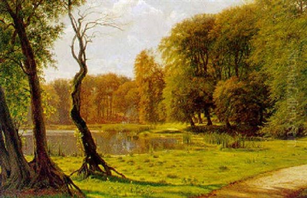 Sommerstemning Ved En Skovso, I Baggrunden Kronvildt Oil Painting by Georg Emil Libert