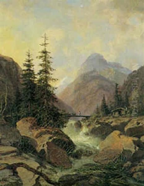 Norsk Landskab Med Brusende Fos Oil Painting by Georg Emil Libert