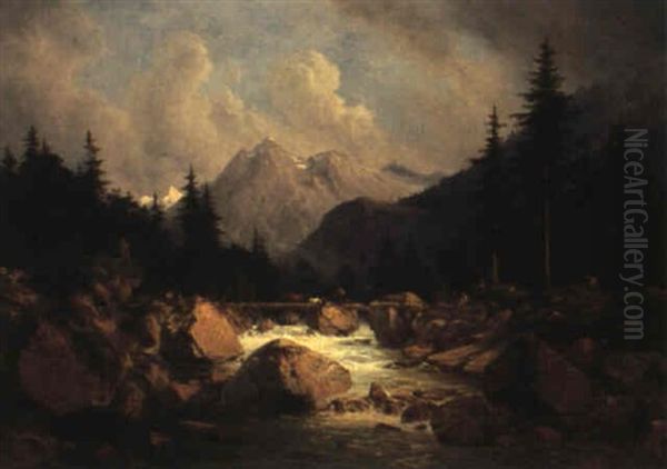 An Alpine River Landscape Oil Painting by Georg Emil Libert