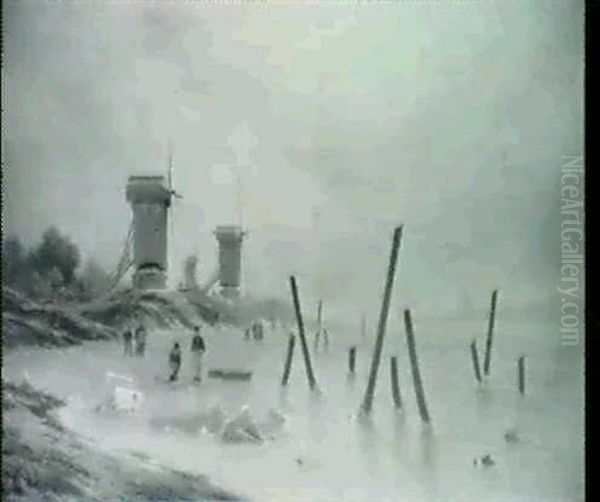 Hollandsk Kanalparti Med Moller, Vinter Oil Painting by Georg Emil Libert