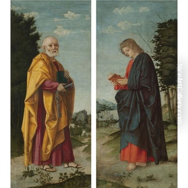 Saint Peter In A Landscape (+ Saint John The Evangelist In A Landscape; Pair) Oil Painting by Girolamo dai Libri