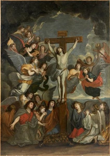 Le Crucifix Aux Anges (after Charles Le Brun) Oil Painting by Louis Licherie De Beurie