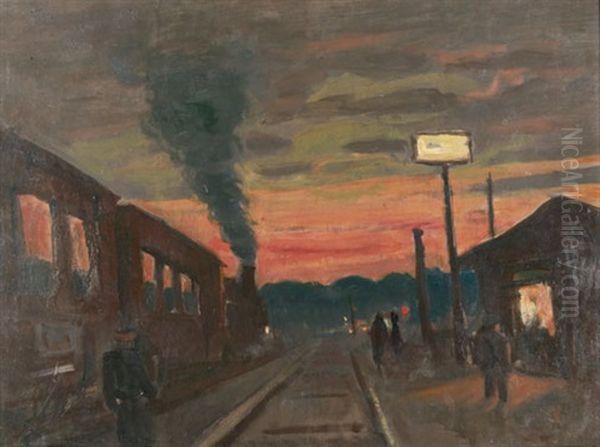 Vorortbahnhof Im Abendrot Oil Painting by Hans Reinhold Lichtenberger