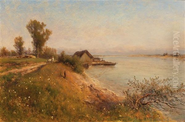 Danube Scene Oil Painting by Eduard Peithner Ritter von Lichtenfels