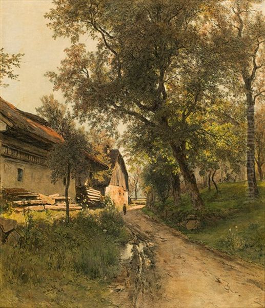 Farm In Aschach Oil Painting by Eduard Peithner Ritter von Lichtenfels