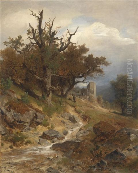 Landschaftsmotiv (partie Bei Modling) Oil Painting by Eduard Peithner Ritter von Lichtenfels