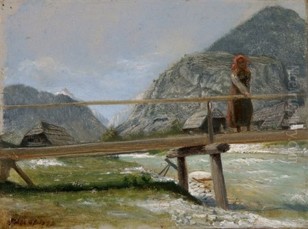 Madchen Auf Einer Brucke Vor Einer Gebirgslandschaft Oil Painting by Eduard Peithner Ritter von Lichtenfels