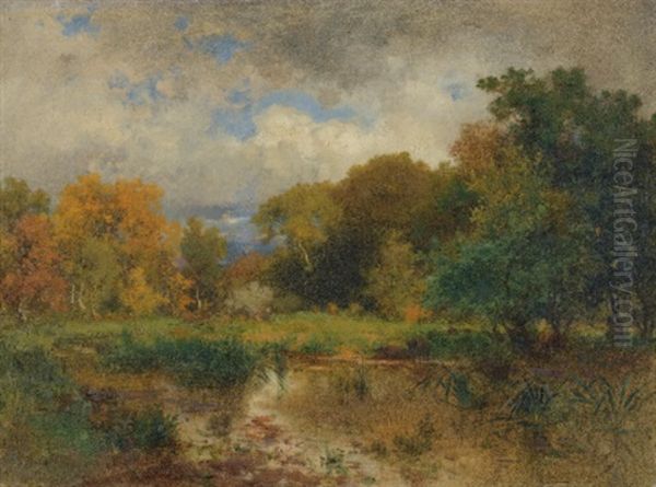 River Landscape Near Lundenburg Oil Painting by Eduard Peithner Ritter von Lichtenfels