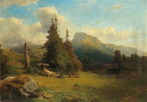 Gebirgslandschaft Mit Rastenden Wanderern Oil Painting by Eduard Peithner Ritter von Lichtenfels