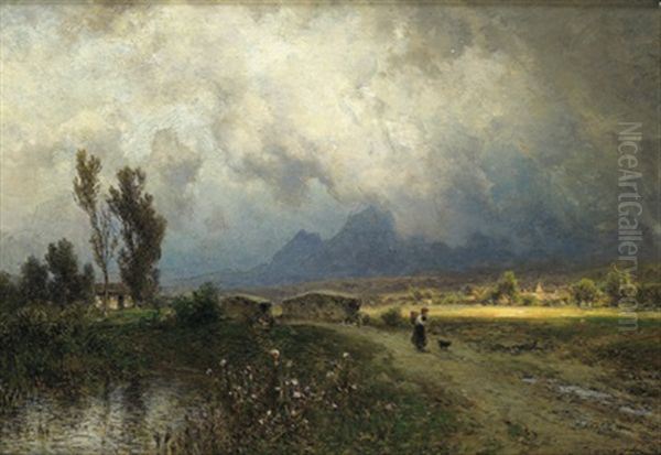 Wolkenverhangene Landschaft Mit Figurlicher Staffage Oil Painting by Eduard Peithner Ritter von Lichtenfels