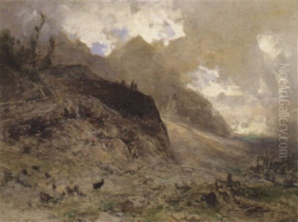 Hochgebirgslandschaft Mit Gamsen Oil Painting by Eduard Peithner Ritter von Lichtenfels