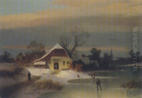 Winterlandschaft Mit Bauernhausern Am Flusufer Oil Painting by Eduard Peithner Ritter von Lichtenfels