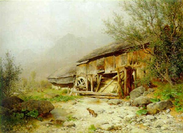 A Derelict Mill In An Alpine Landscape Oil Painting by Eduard Peithner Ritter von Lichtenfels