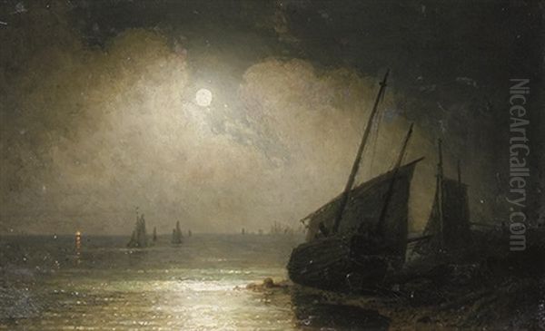 Fischerboote Auf Dem Chiemsee Bei Vollmond Oil Painting by Wilhelm Lichtenheld