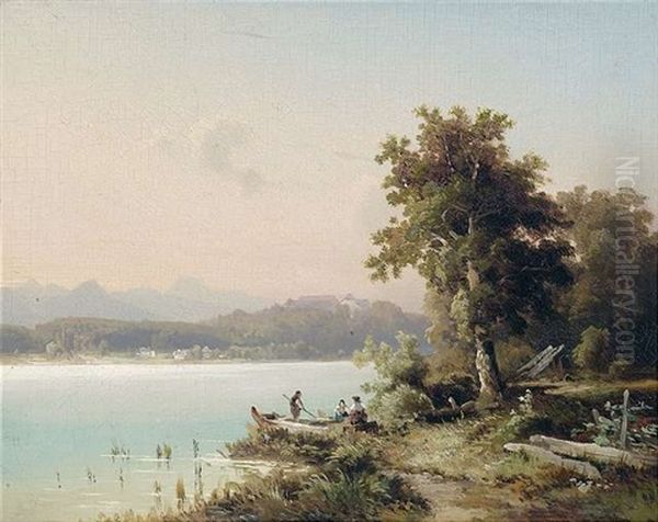 Partie Am Chiemsee Mit Blick Auf Die Herreninsel Am Fruhen Morgen Oil Painting by Wilhelm Lichtenheld