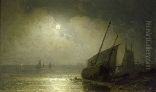 Fischerboote Auf Dem Chiemsee Bei Vollmond Oil Painting by Wilhelm Lichtenheld