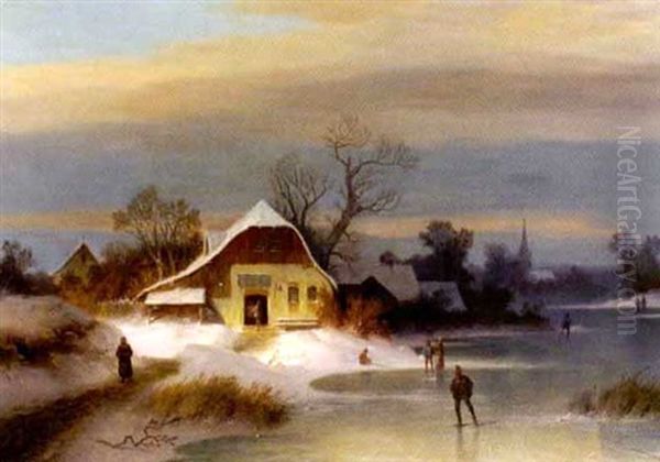 Winterliche Dorflandschaft Mit Eislaufern Am Zugefrorenen Fluss Oil Painting by Wilhelm Lichtenheld