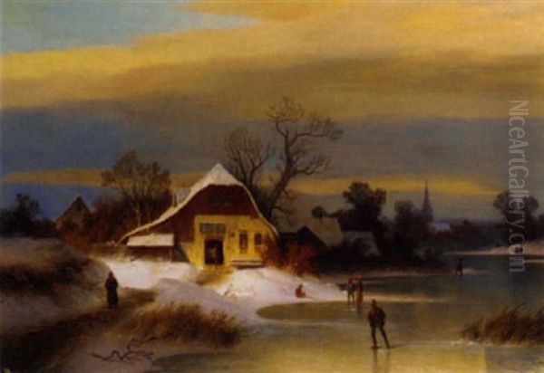 Skaters By A Village In A Winter Landscape Oil Painting by Wilhelm Lichtenheld