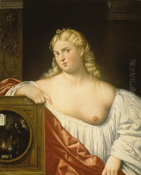 A Courtesan With A Mirror Oil Painting by Bernardino Licinio