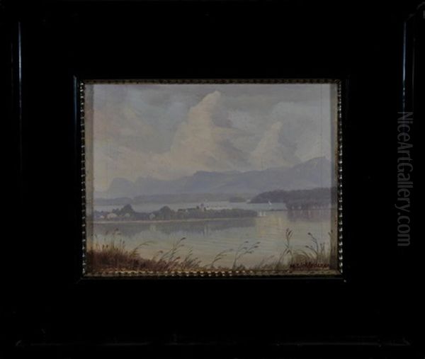 Chiemsee - Uferlandschaft Mit Blick Auf Die Fraueninsel Oil Painting by Max Michael Licklederer