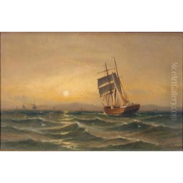 A Topsail Schooner Running Into The Sunset Oil Painting by J(ohn) D(avison) Liddell