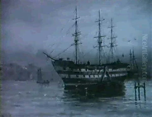 The Wellesly Training Hulk In North Shields Harbour  The Fire Of The Wellesley Oil Painting by J(ohn) D(avison) Liddell