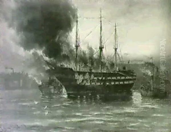 Wellesley Training Ship; Burning Of                         The Wellesley, March 11th 1914 Oil Painting by J(ohn) D(avison) Liddell