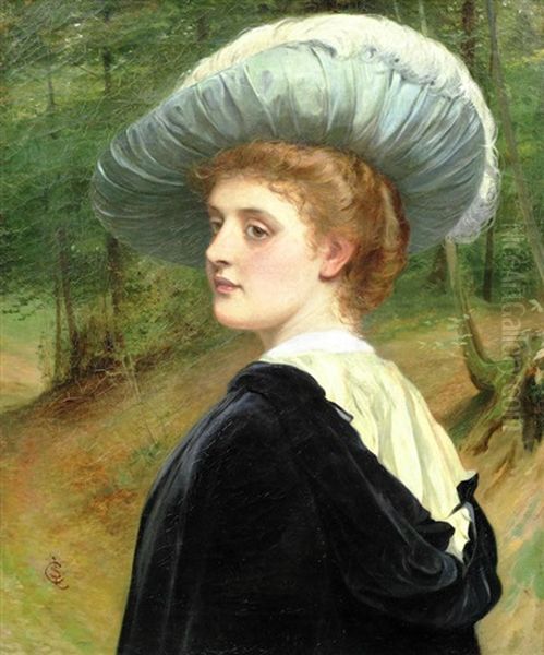 Girl With A Dark Cloak And Green Hat Oil Painting by Charles Sillem Lidderdale