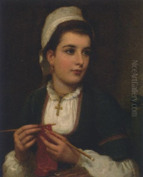 A Girl Knitting Oil Painting by Charles Sillem Lidderdale