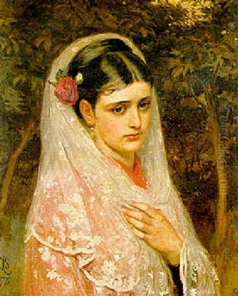 Girl With A White Lace Scarf And Roses In Her Hair Oil Painting by Charles Sillem Lidderdale