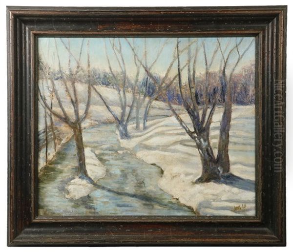 Winter Trees With Stream Oil Painting by Jonas Lie