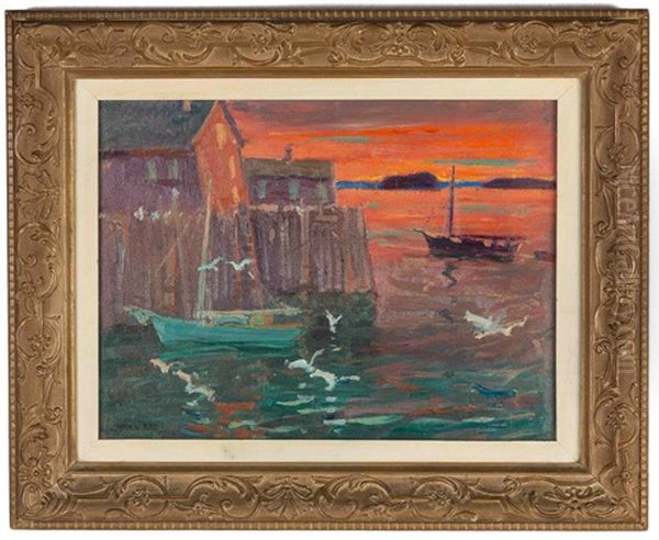 Harbor Scene At Sunset Oil Painting by Jonas Lie