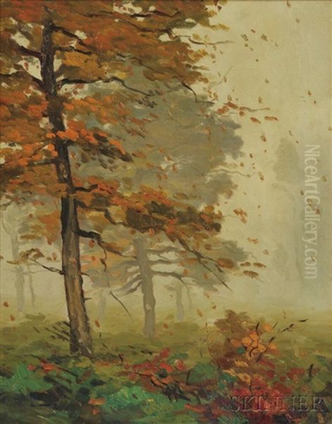 Woods In Fog Oil Painting by Jonas Lie