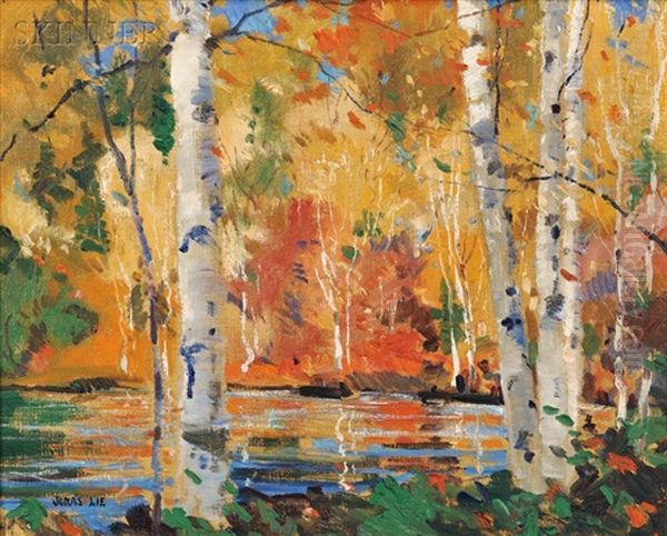 Birches In Autumn Oil Painting by Jonas Lie